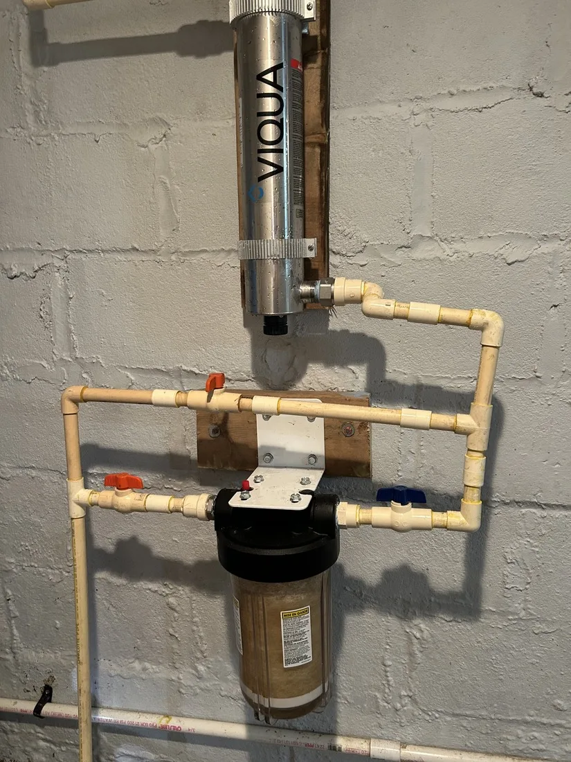 UV disinfection and filter equipment on a well line
